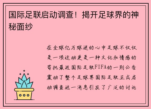 国际足联启动调查！揭开足球界的神秘面纱